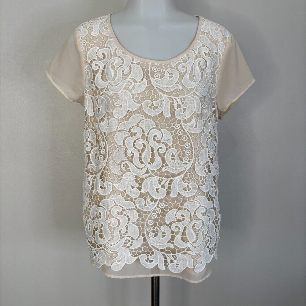 Ann Taylor Top Medium Cream White Lace Overlay Short Sleeve Blouse Women's